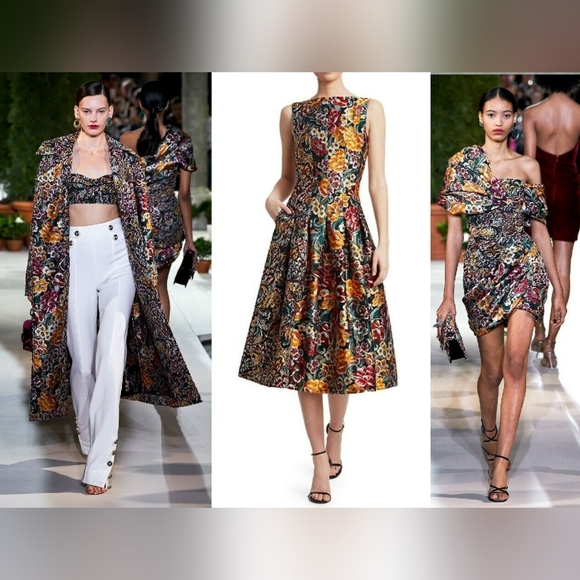 ◇$3290 NEW OSCAR DE LA RENTA EXCL SILK LINED FLORAL JUNIPER JAQUARD DRESS 12 L